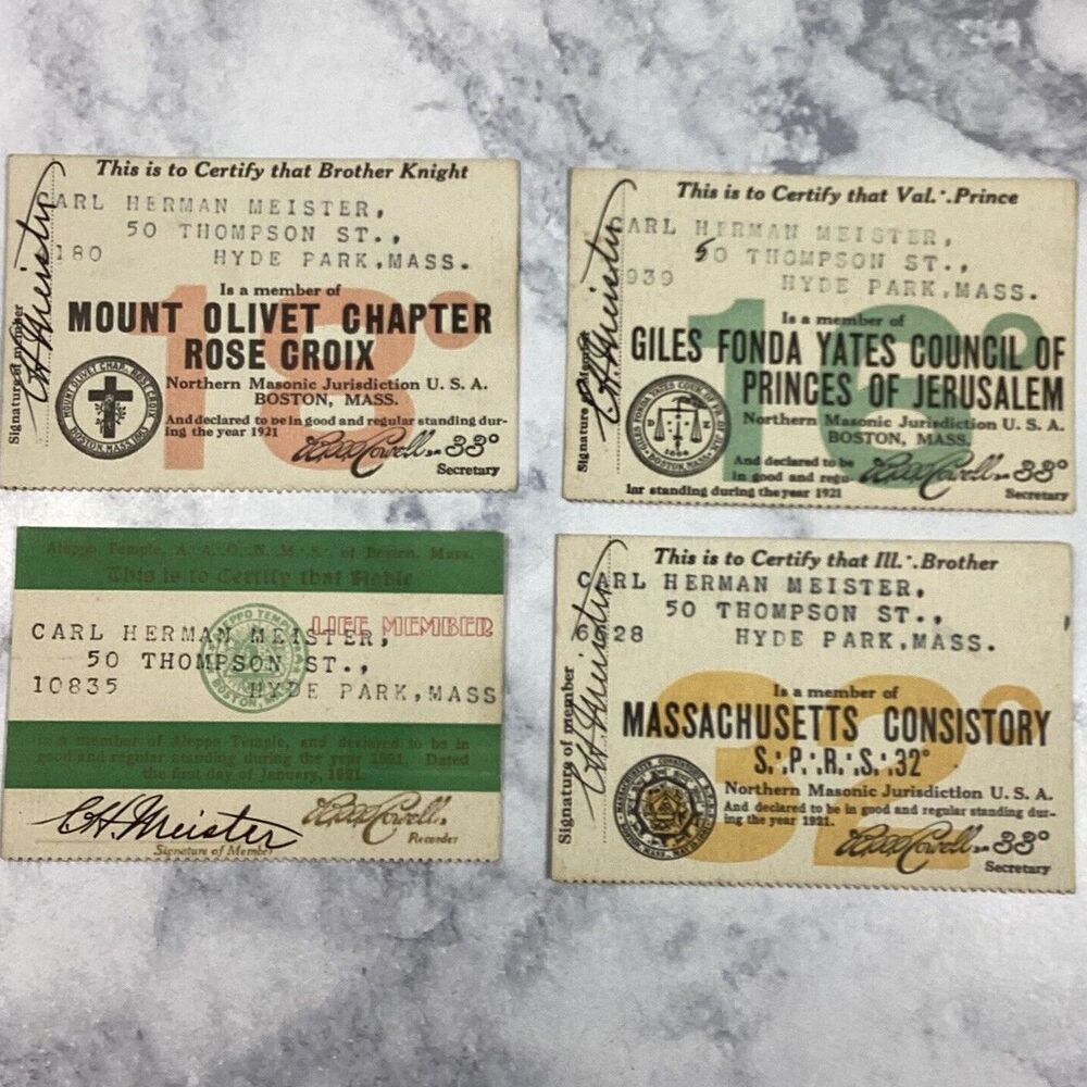 Mason Member Membership Card Lot Massachusetts Aleppo Temple Vtg 1921